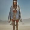 ZEVQ's oversized silver sequin hooded jacket worn at a festival, creating a liquid-metal sparkle effect.