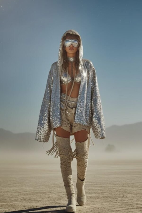 ZEVQ's oversized silver sequin hooded jacket worn at a festival, creating a liquid-metal sparkle effect.