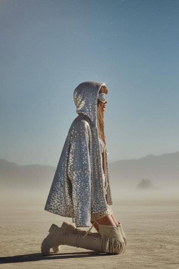 ZEVQ's oversized silver sequin hooded jacket worn at a festival, creating a liquid-metal sparkle effect.