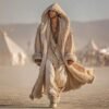 Men's faux suede hooded kaftan duster in beige, featuring a thick plush fur lining and dramatic nomadic silhouette for festival wear.