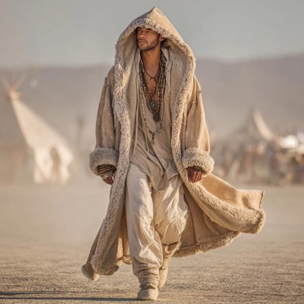 Men's faux suede hooded kaftan duster in beige, featuring a thick plush fur lining and dramatic nomadic silhouette for festival wear.
