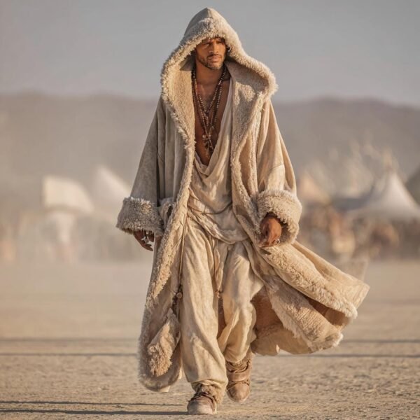 Men's faux suede hooded kaftan duster in beige, featuring a thick plush fur lining and dramatic nomadic silhouette for festival wear.