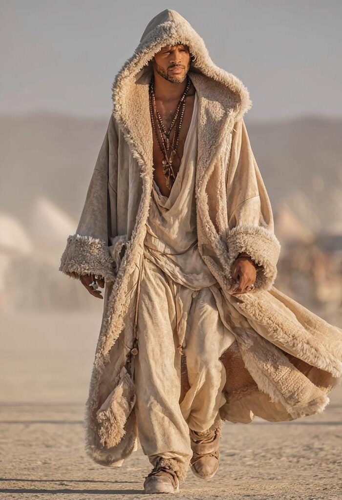 Men's faux suede hooded kaftan duster in beige, featuring a thick plush fur lining and dramatic nomadic silhouette for festival wear.