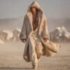 Men's faux suede hooded kaftan duster in beige, featuring a thick plush fur lining and dramatic nomadic silhouette for festival wear.