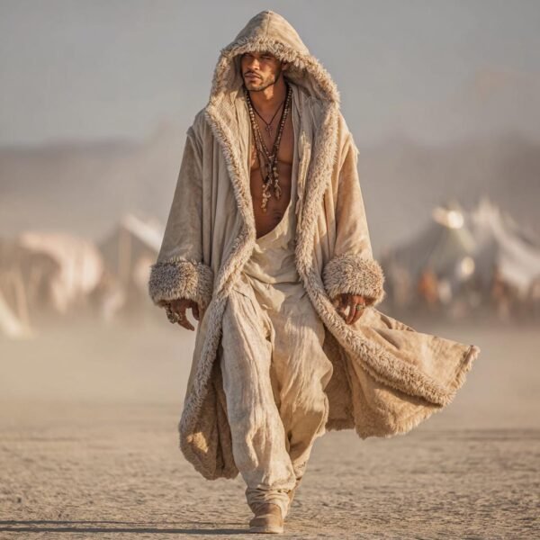 Men's faux suede hooded kaftan duster in beige, featuring a thick plush fur lining and dramatic nomadic silhouette for festival wear.
