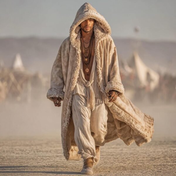 Men's faux suede hooded kaftan duster in beige, featuring a thick plush fur lining and dramatic nomadic silhouette for festival wear.