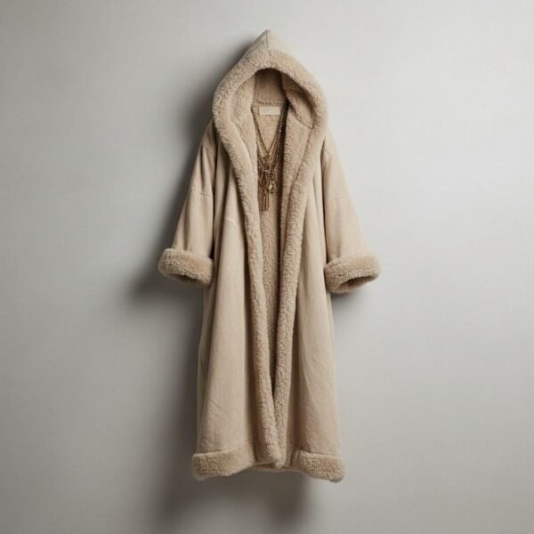 Men's faux suede hooded kaftan duster in beige, featuring a thick plush fur lining and dramatic nomadic silhouette for festival wear.