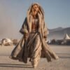 ZEVQ premium faux suede hooded kaftan with thick fur lining for festival and cyberpunk fashion