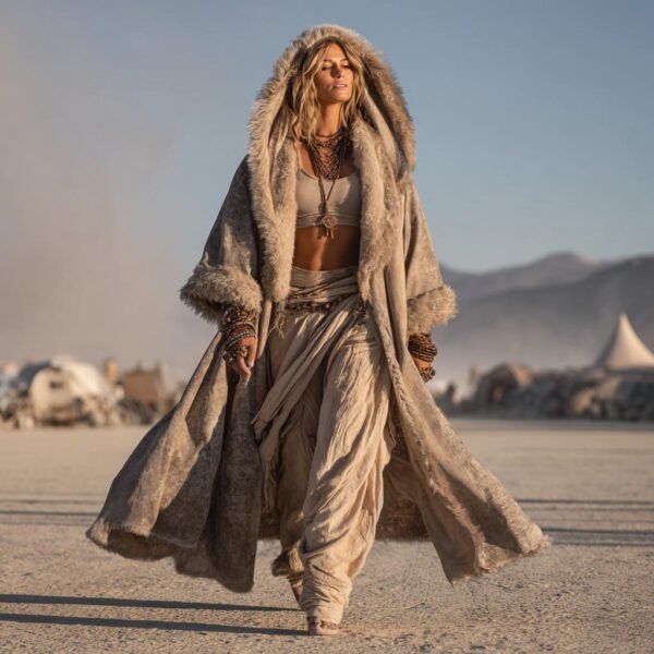ZEVQ premium faux suede hooded kaftan with thick fur lining for festival and cyberpunk fashion