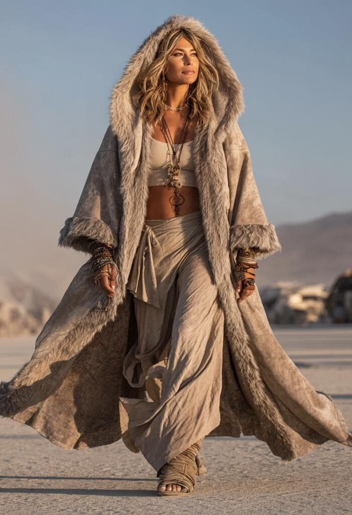 ZEVQ premium faux suede hooded kaftan in beige, a fur-lined maxi festival duster worn at a desert festival.