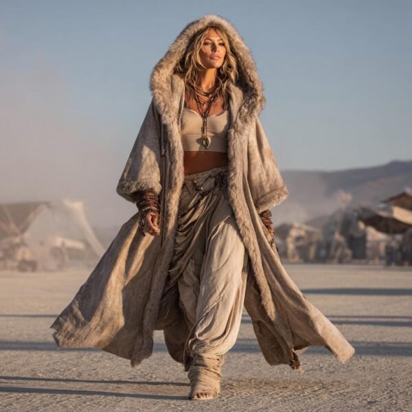 ZEVQ premium faux suede hooded kaftan in beige, a fur-lined maxi festival duster worn at a desert festival.
