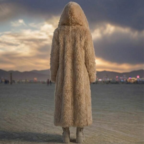 Luxury camel maxi faux fur coat with oversized hood for festival and rave wear.