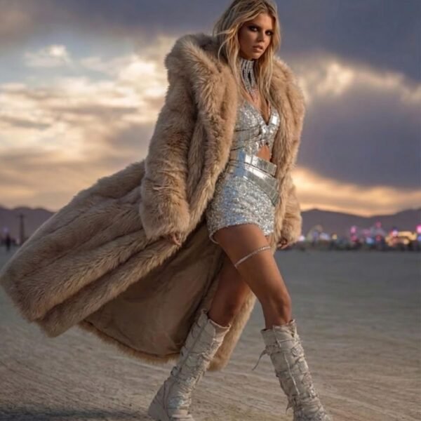 Luxury camel maxi faux fur coat with oversized hood for festival and rave wear.