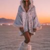 ZEVQ premium silver sequin hooded poncho coat with faux fur hood and cuffs for festival fashion