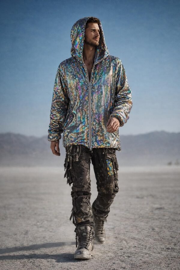 ZEVQ's premium Silver Iridescent Festival Jacket - a holographic sequin zip-up hoodie for festivals and raves.