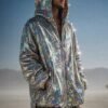 ZEVQ's premium Silver Iridescent Festival Jacket - a holographic sequin zip-up hoodie for festivals and raves.