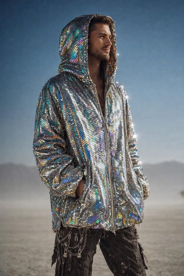 ZEVQ's premium Silver Iridescent Festival Jacket - a holographic sequin zip-up hoodie for festivals and raves.
