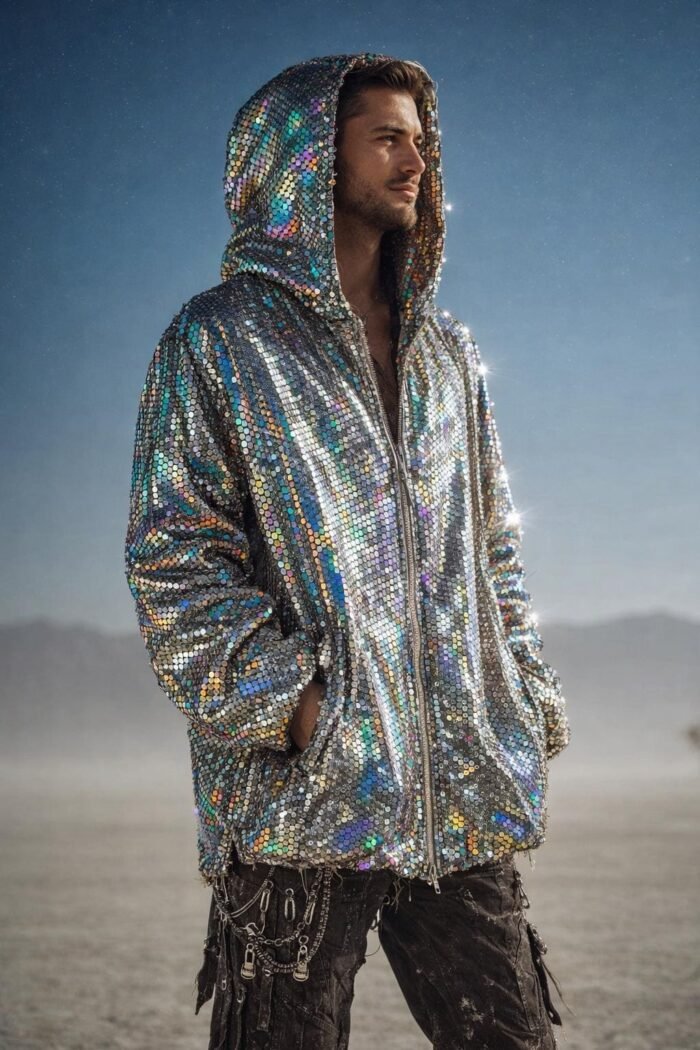 ZEVQ's premium Silver Iridescent Festival Jacket - a holographic sequin zip-up hoodie for festivals and raves.