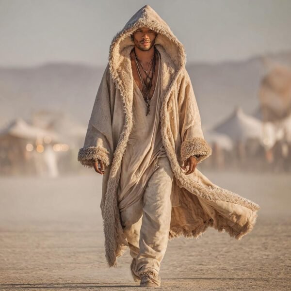 Men's faux suede hooded kaftan duster in beige, featuring a thick plush fur lining and dramatic nomadic silhouette for festival wear.