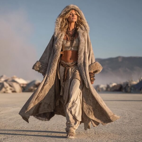 ZEVQ premium faux suede hooded kaftan with thick fur lining for festival and cyberpunk fashion