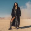 ZEVQ's premium black hooded maxi plush coat, an oversize Wellsoft duster for festival fashion.