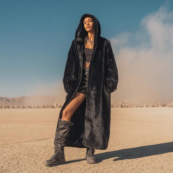 ZEVQ Oversize Black Wellsoft Duster - a dramatic hooded maxi plush coat for festival fashion
