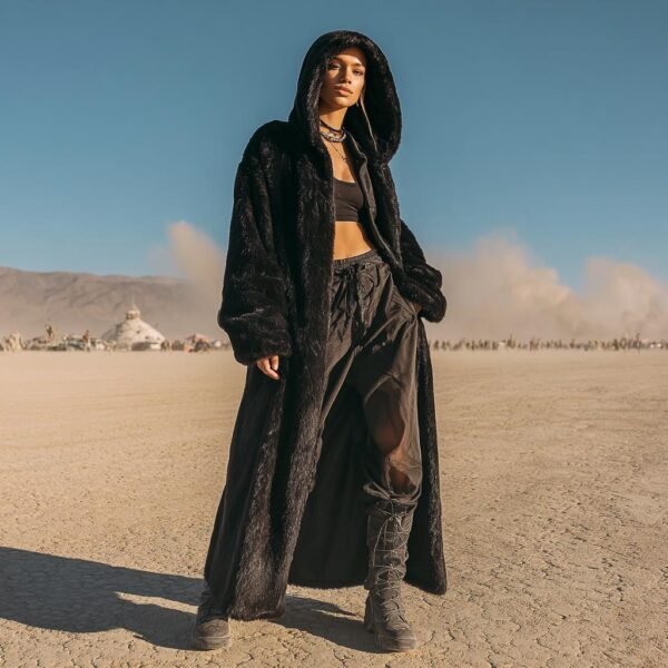 ZEVQ's premium black hooded maxi plush coat, an oversize Wellsoft duster for festival fashion.