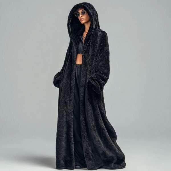 ZEVQ's premium black hooded maxi plush coat, an oversize Wellsoft duster for festival fashion.