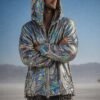 ZEVQ's premium Silver Iridescent Festival Jacket - a holographic sequin zip-up hoodie for festivals and raves.