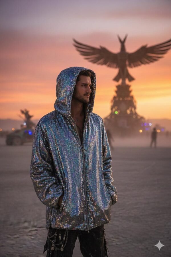 ZEVQ's premium Silver Iridescent Festival Jacket - a holographic sequin zip-up hoodie for festivals and raves.