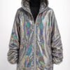 ZEVQ's premium Silver Iridescent Festival Jacket - a holographic sequin zip-up hoodie for festivals and raves.