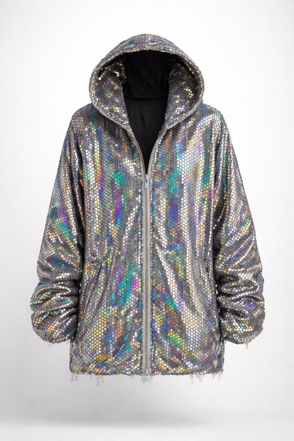 ZEVQ's premium Silver Iridescent Festival Jacket - a holographic sequin zip-up hoodie for festivals and raves.