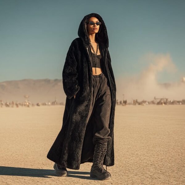 ZEVQ's premium black hooded maxi plush coat, an oversize Wellsoft duster for festival fashion.