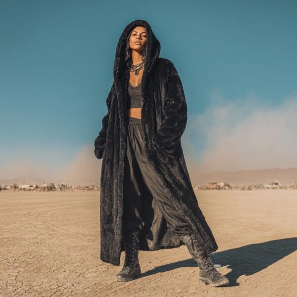 ZEVQ's premium black hooded maxi plush coat, an oversize Wellsoft duster for festival fashion.