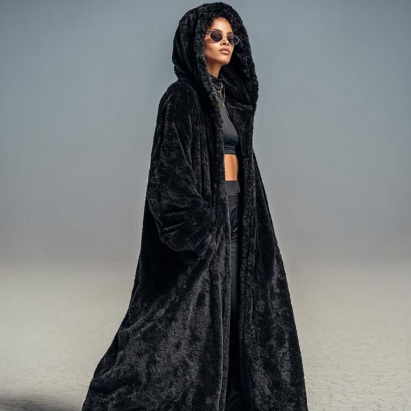 ZEVQ Oversize Black Wellsoft Duster - a dramatic hooded maxi plush coat for festival fashion