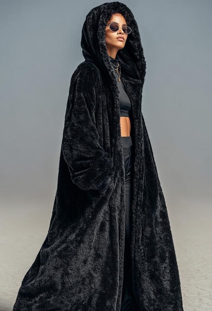 ZEVQ Oversize Black Wellsoft Duster - a dramatic hooded maxi plush coat for festival fashion