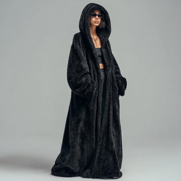 ZEVQ's premium black hooded maxi plush coat, an oversize Wellsoft duster for festival fashion.