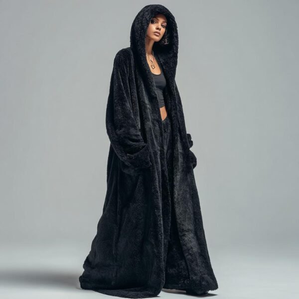 ZEVQ Oversize Black Wellsoft Duster - a dramatic hooded maxi plush coat for festival fashion
