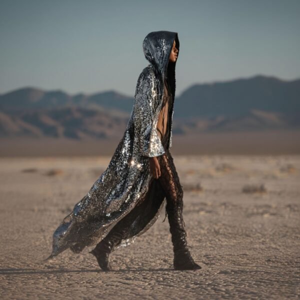 ZEVQ's premium silver sequin maxi duster hoodie, a festival statement coat with black satin lining.