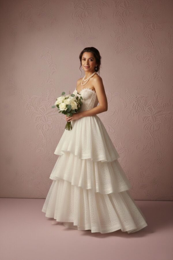 Ivory Lace Corset Tiered Skirt Set by ZEVQ, a premium festival bridal and cyberpunk fashion outfit.