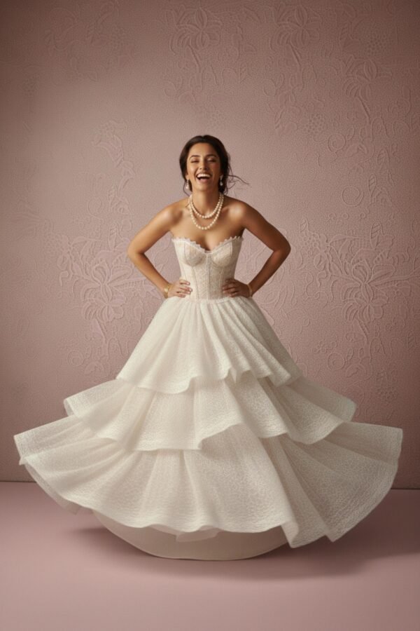 Ivory Lace Corset Tiered Skirt Set by ZEVQ, a premium festival bridal and cyberpunk fashion outfit.