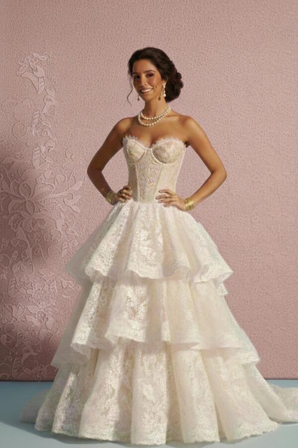 Ivory Lace Corset Tiered Skirt Set by ZEVQ, a premium festival bridal and cyberpunk fashion outfit.