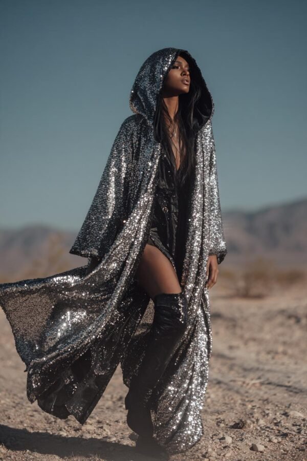 ZEVQ Silver Sequin Hooded Duster custom print maxi coat creating a liquid metal effect at a festival