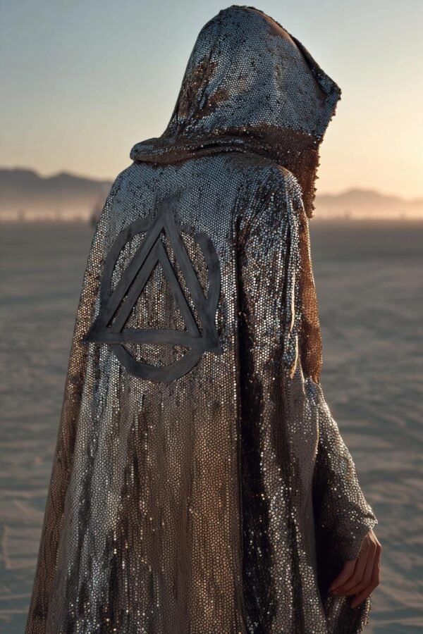 ZEVQ Silver Sequin Hooded Duster custom print maxi coat creating a liquid metal effect at a festival