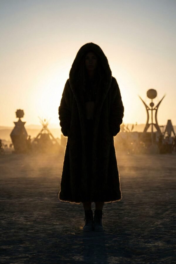 ZEVQ premium brown faux fur hooded festival parka worn at a festival