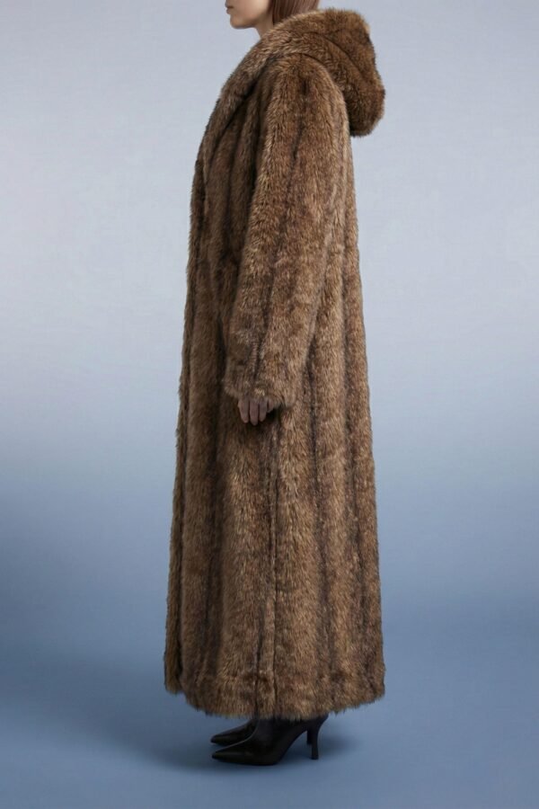 ZEVQ premium brown faux fur hooded festival parka worn at a festival