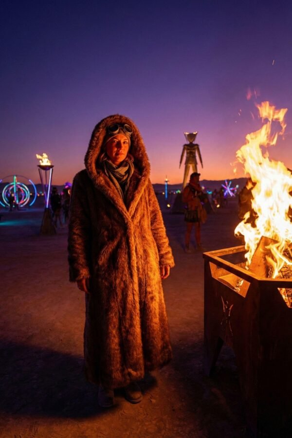ZEVQ premium brown faux fur hooded festival parka worn at a festival