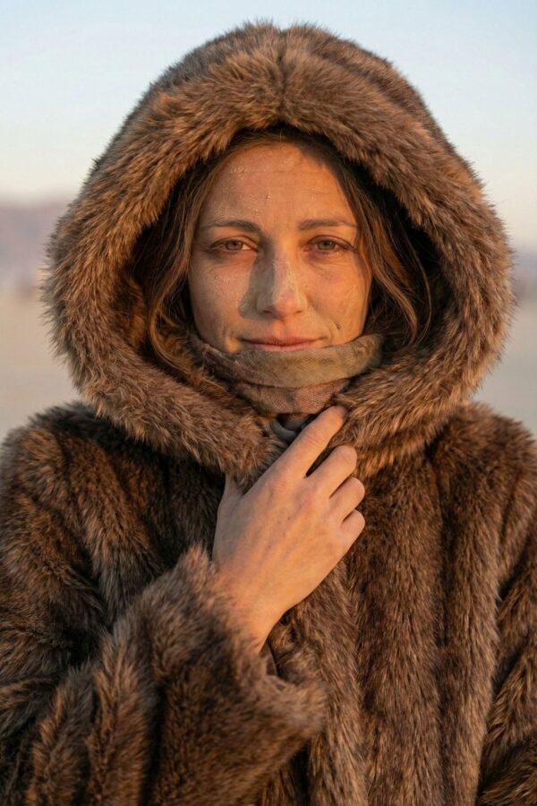 ZEVQ premium brown faux fur hooded festival parka worn at a festival