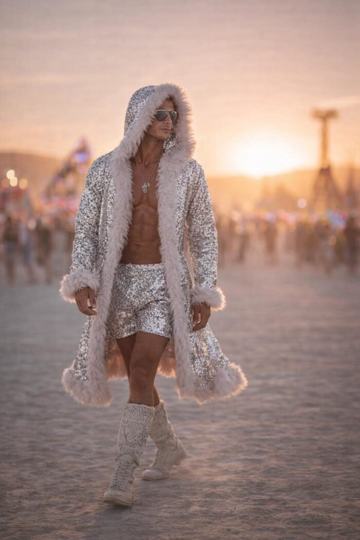 ZEVQ premium silver sequin kaftan set with hooded robe and matching shorts for festival wear