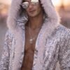 ZEVQ premium silver sequin kaftan set with hooded robe and matching shorts for festival wear